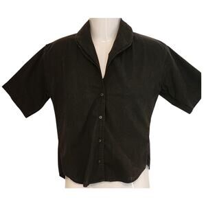 Details Women's Small Black Short Sleeve Collared Button Down Shirt Blouse Top